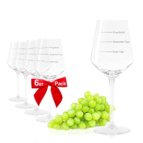 Weingläser 6er Set 37cl Guter Tag, Schlechter Tag, Frag nicht | Wie war Dein Tag? | Lustiges Geschenk für Weintrinker | Geburtstagsgeschenk | Weißweingläser Rotweingläser mit Gravur von wölkchen