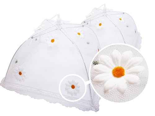 wohhwo Faltbare, quadratische Abdeckhauben, 2er-Set (31x31x18cm und 40x40x21cm), weiß mit Margeriten, Fliegenschutz für Essen, Lebensmittel Insektenschutz, Food Cover für Küche und Garten von wohhwo