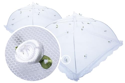 Faltbare, quadratische Abdeckhauben, 2er-Set (31x31x18cm und 40x40x21cm), weiß mit kleinen weißen Blüten, Fliegenschutz für Essen, Lebensmittel Insektenschutz, Food Cover für Festliche Anlässe von wohhwo