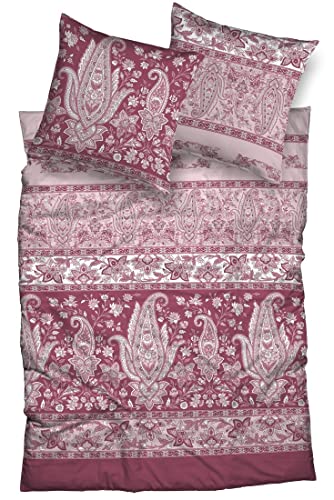 wohnTRAUM 24 Biber Bettwäsche Talia 100% Baumwolle kuschelweich Paisleys Ornamente Bordüren Bettwäsche-Set nachhaltig (Beere, 135 cm x 200 cm) von wohnTRAUM 24