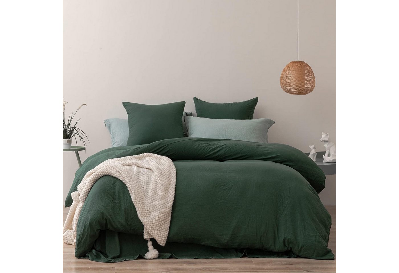 wohnTRAUM24 Bettwäsche Bettwäsche-Sets 135x200 Baumwolle Dunkelgrün mit Reißverschluss, Atmungsaktiv Bettbezug mit Reißverschluss und Kissenbezug 80x80cm von wohnTRAUM24
