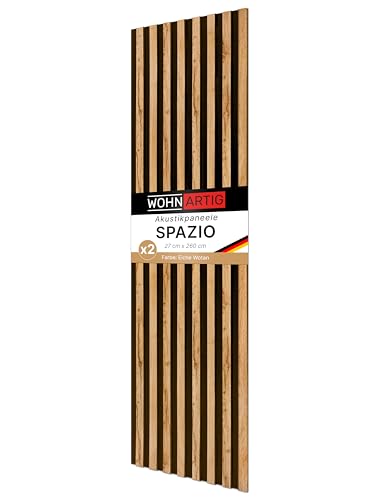 wohnartig® Akustikpaneele Spazio - 260 cm x 54 cm* set - (set = 2 Stück 260 cm x 27 cm) | Farbe: Eiche Wotan | Wandverkleidung | Akustikpaneel | Wandpaneele auf Filz | von wohnartig