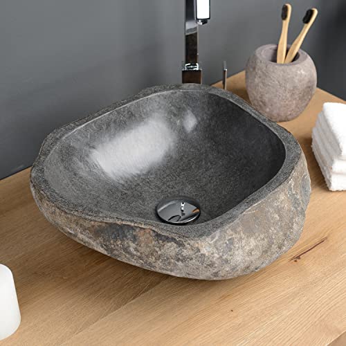 40 cm Naturstein-Waschbecken natur Flussstein grau Stein-Becken Aufsatzwaschbecken Findling von wohnfreuden