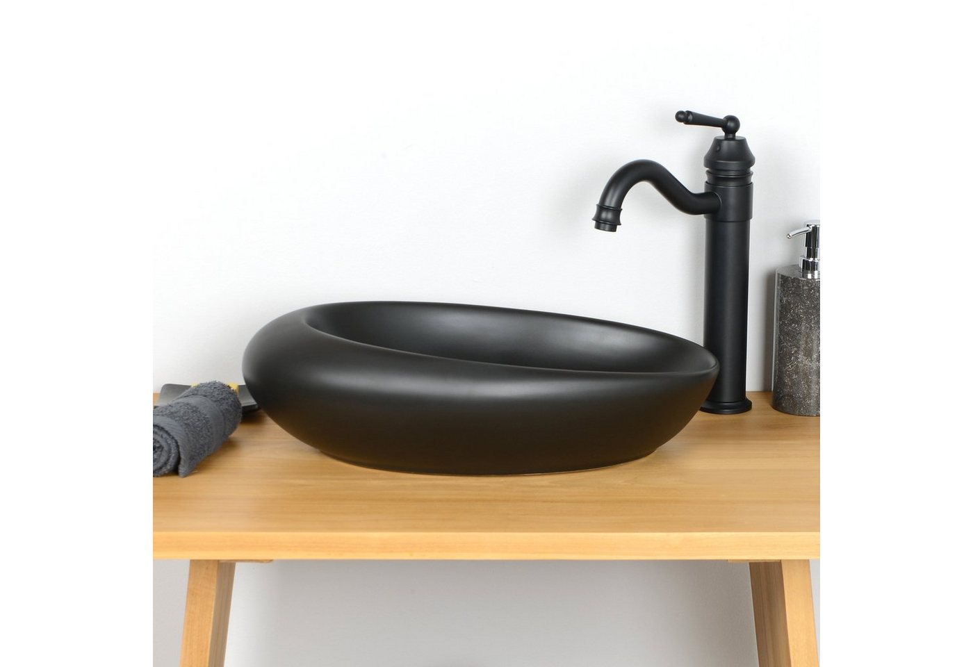 wohnfreuden Aufsatzwaschbecken Keramik Aufsatzwaschbecken 50 cm oval matt schwarz (Kein Set), NEW-5755 von wohnfreuden