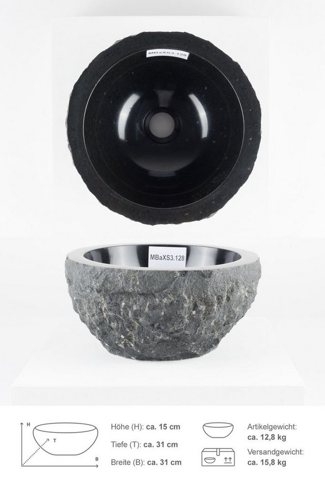 wohnfreuden Aufsatzwaschbecken Andesit Steinwaschbecken EROSI 30 cm schwarz (Kein Set), 101660_MBaXS23.127 von wohnfreuden
