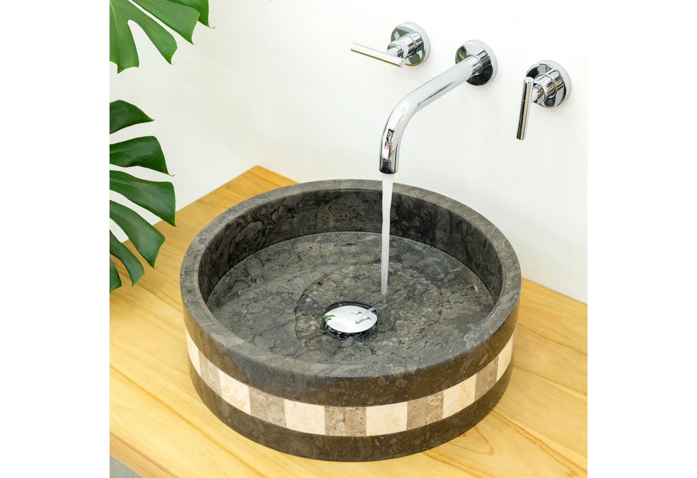 wohnfreuden Aufsatzwaschbecken Marmor Waschbecken MO21 40cm schwarz rund mit Muster (Kein Set), 8_5198 von wohnfreuden