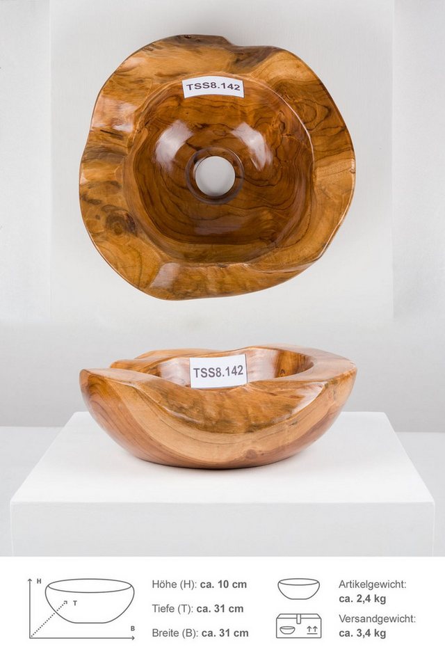 wohnfreuden Aufsatzwaschbecken Teakholz Waschbecken 30 cm braun rund (Kein Set), NEW-4598 von wohnfreuden