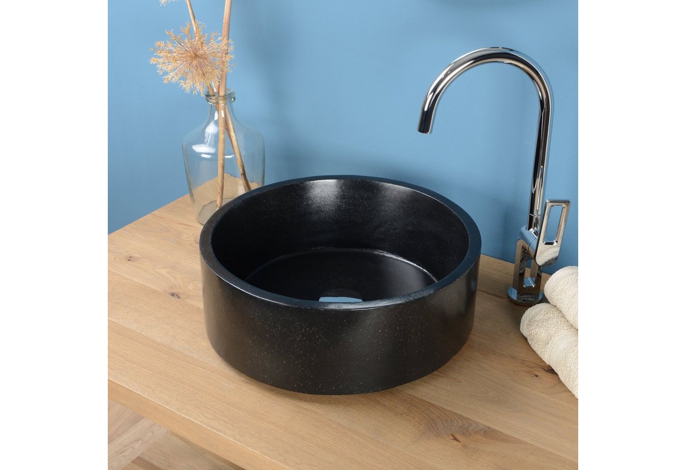 wohnfreuden Aufsatzwaschbecken Terrazzo Waschbecken DRUM 40 cm schwarz gesprenkelt (Kein Set), NEW-4603 von wohnfreuden