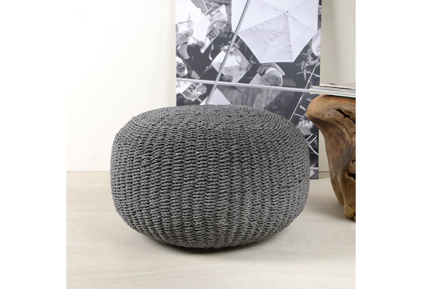 wohnfreuden Hocker Sitz-Pouf Bruno aus Kunstfaser 60 cm rund dunkelgrau, 29459 von wohnfreuden