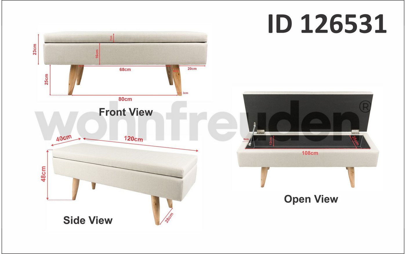 wohnfreuden Hockerbank Sitzbank OSAKA mit Stauraum 120 cm creme, 40464 von wohnfreuden