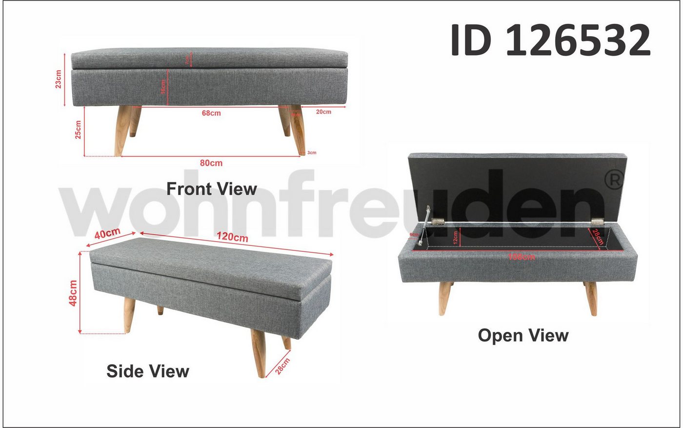 wohnfreuden Hockerbank Sitzbank OSAKA mit Stauraum 120 cm grau, 40465 von wohnfreuden