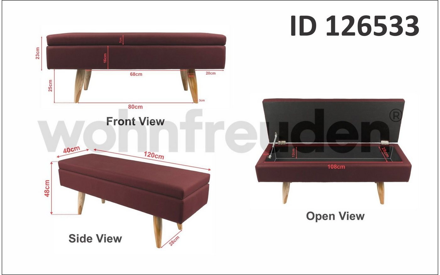 wohnfreuden Hockerbank Sitzbank OSAKA mit Stauraum 120 cm rotbraun, 40466 von wohnfreuden