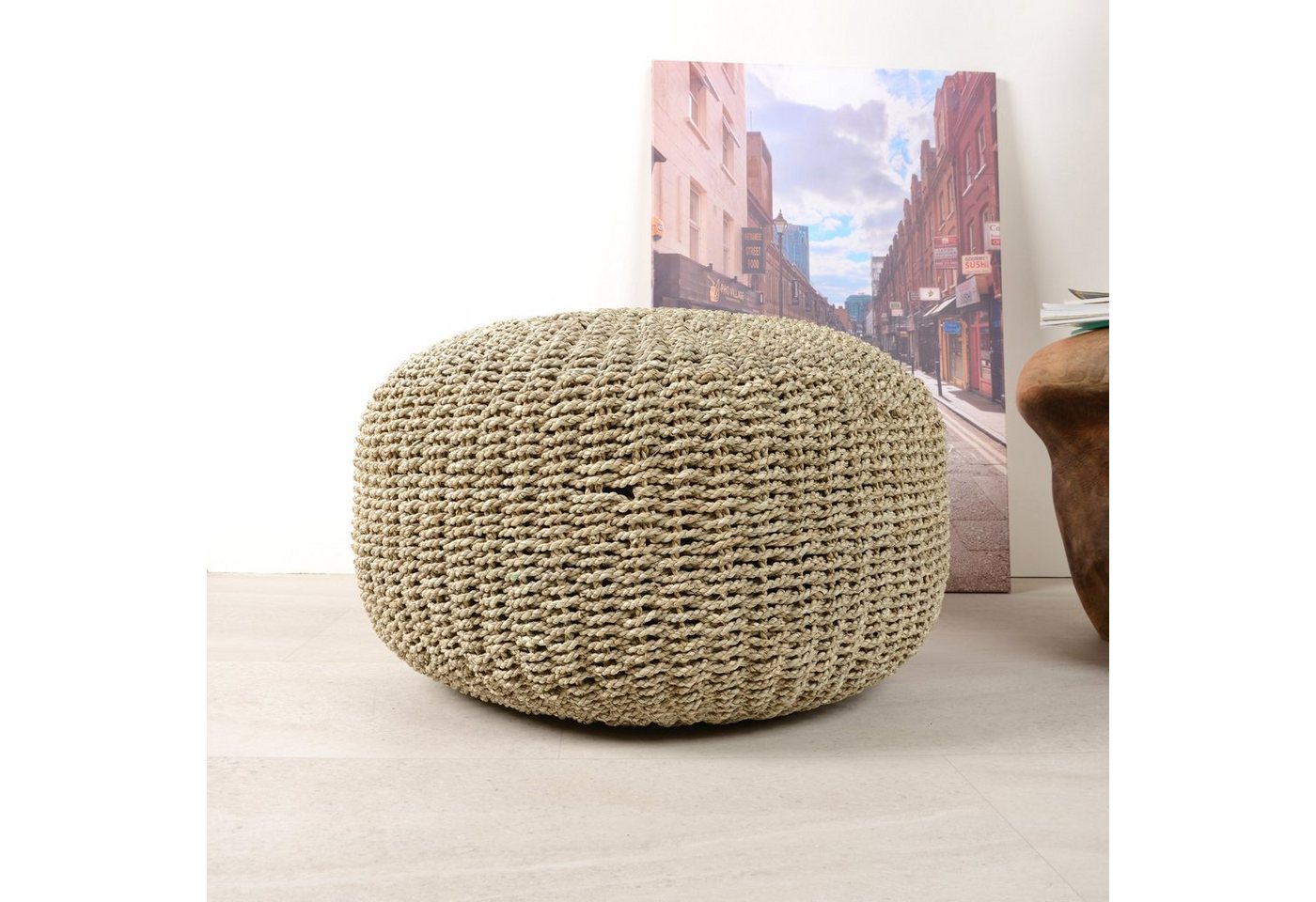 wohnfreuden Sitzhocker Sitz-Pouf Bruno aus Natur Seegras 60 cm rund creme, 28639 von wohnfreuden