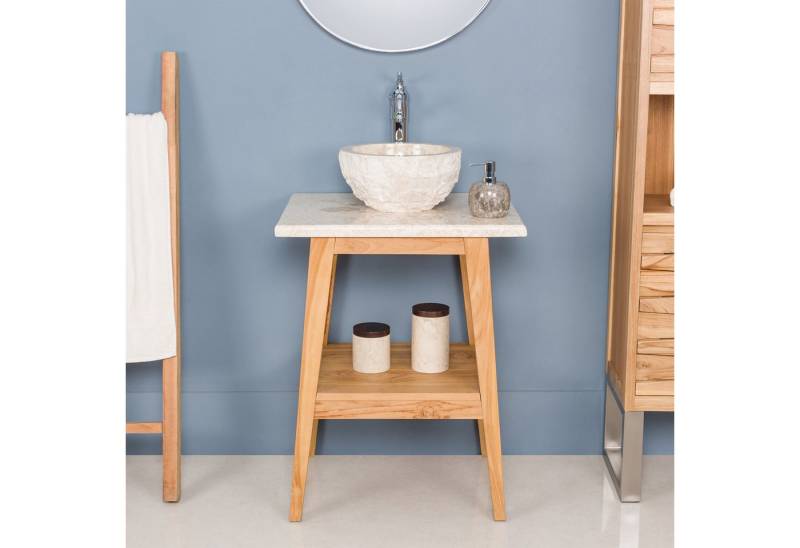 wohnfreuden Waschbeckenunterschrank Teakholz Waschtisch TITIN 60 cm mit Marmor Platte creme von wohnfreuden