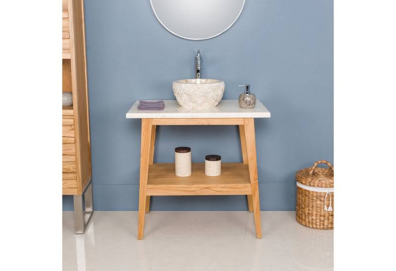 wohnfreuden Waschbeckenunterschrank Teakholz Waschtisch TITIN 80 cm mit Marmor Platte creme von wohnfreuden