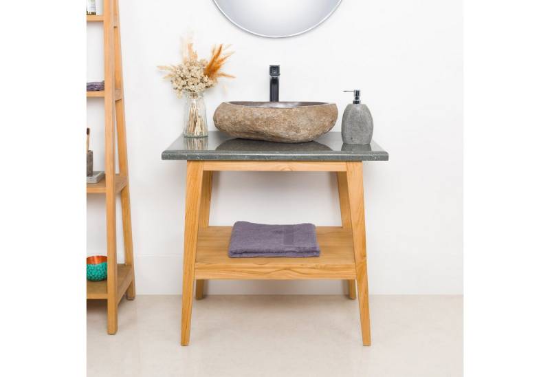 wohnfreuden Waschbeckenunterschrank Teakholz Waschtisch TITIN 80 cm mit Naturstein Platte von wohnfreuden