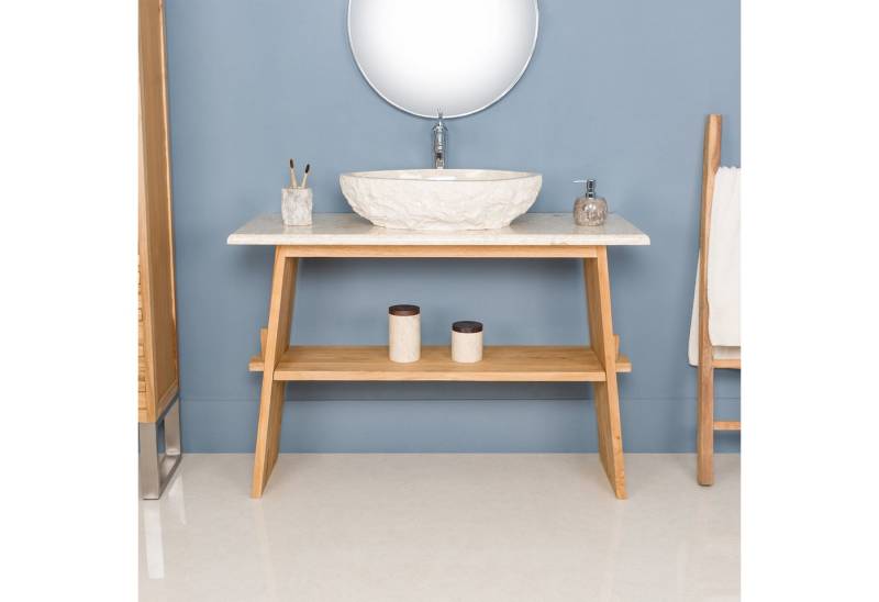wohnfreuden Waschbeckenunterschrank Teakholz Waschtisch ZEN 120 cm mit Marmor Platte extra hoch von wohnfreuden