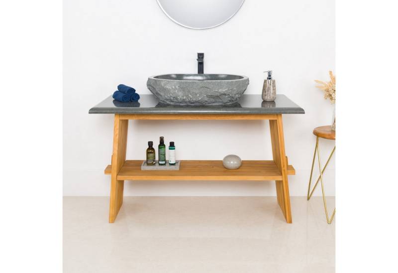 wohnfreuden Waschbeckenunterschrank Teakholz Waschtisch ZEN 120 cm mit Natursteinplatte von wohnfreuden