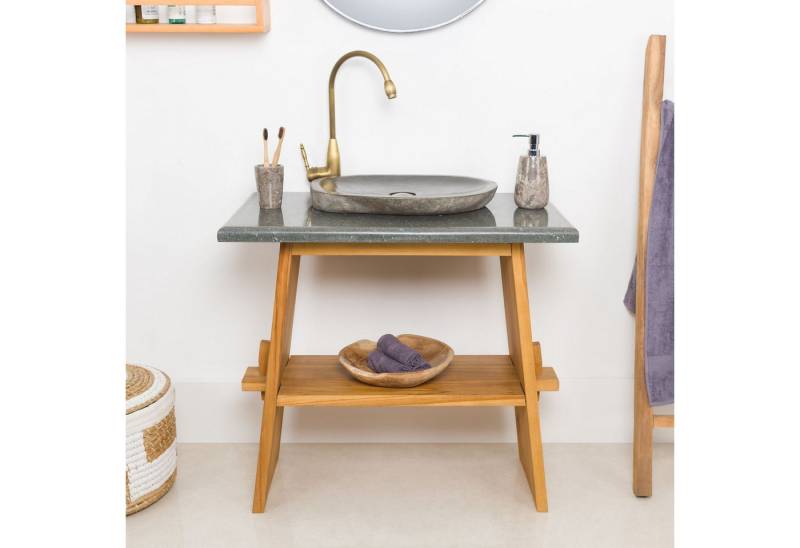 wohnfreuden Waschbeckenunterschrank Teakholz Waschtisch ZEN 80 cm mit Natursteinplatte von wohnfreuden