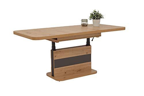 Hela Tische, Funktionscouchtisch Gustav, Holzwerkstoff melaminbeschichtet, Eiche-Dekor, ausziehbar 110-150cm, höhenverstellbar mit Lift 58-76cm von Hela Tische