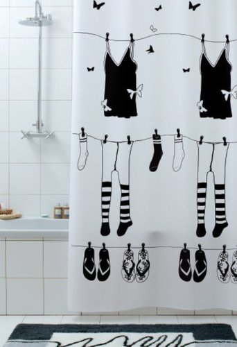 wohnideenshop Duschvorhang Wäscheleine Textil weiß schwarz mit Ringe, Textil 120cm breit x 200cm lang von yaco