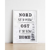 Koordinatenposter Für Zuhause | Personalisiertes Poster "Home" in Schwarz-Weiß Größen - Und Rahmenwahl von wohnstil
