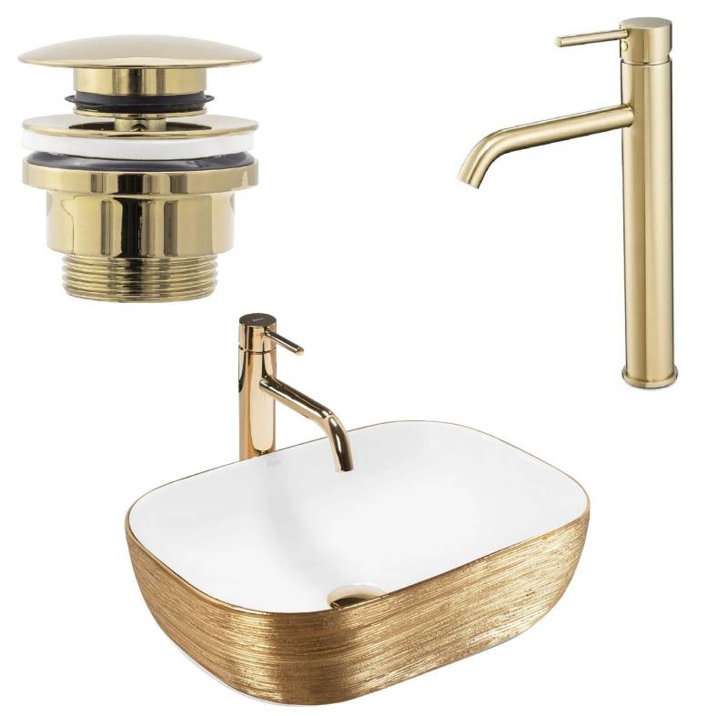 wohnwerk.idee Aufsatzwaschbecken Designer Waschbecken mit gebürstetem Gold,Rechteckig, Struktur-Design von wohnwerk.idee