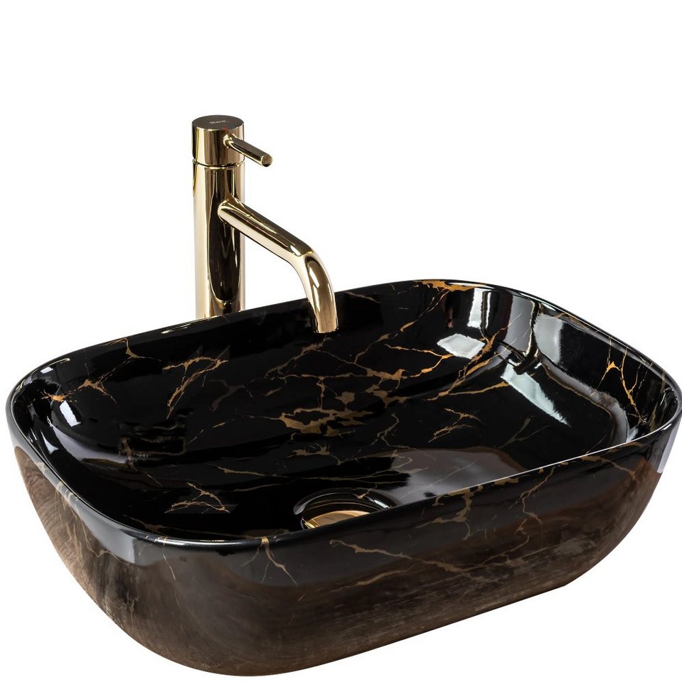 wohnwerk.idee Aufsatzwaschbecken Waschbecken Marmor Schwarz 46,5x33,5cm Belinda Marble Black Matt von wohnwerk.idee