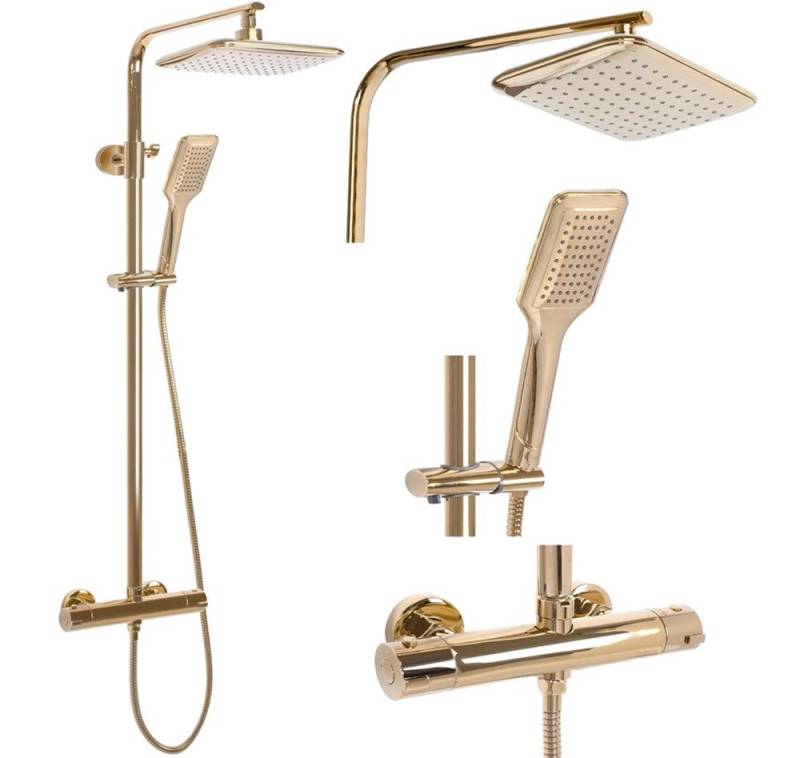 wohnwerk.idee Duschsystem Duschgarnitur Dusche mit Thermostat Tomm Gold Matt, 2 Strahlart(en) von wohnwerk.idee