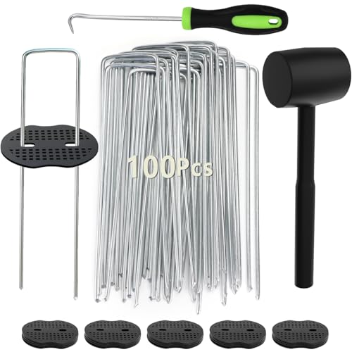 Wohohoho 100 Stück Unkrautbekämpfungs-Membranheringe + 100 Pufferscheiben, mit Pickhaken und schwarzem Hammer. 15,2 cm Kunstrasen-Heringe Gartenlandschaft Klammern Heringe für Zelt, Rasen von wohohoho