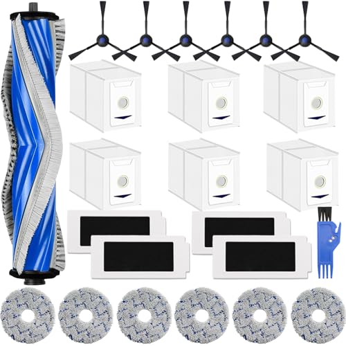 24 Stück Zubehör für Ecovacs Deebot T30 Omni / T30 Pro Omni Saugroboter Ersatzteile Zubehörset mit 1 Hauptbürste 6 Staubbeutel 6 Wischtücher 4 Filter 6 Seitenbürsten 1 Reinigungsbürste von wokdsbl