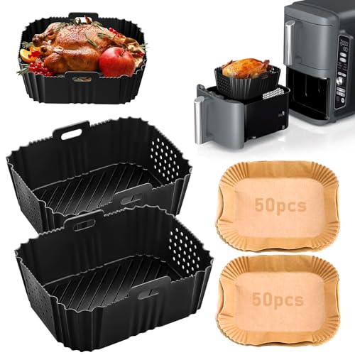 wokdsbl 2 Stück Silikonformen für Ninja Heißluftfritteuse, 100pcs Ninja Heißluftfritteusen Pergamentpapier für Ninja SL401EU SL400EU Dual-Heißluftfritteusen-Zubehör,Lebensmittelechtes Backpapier, von wokdsbl