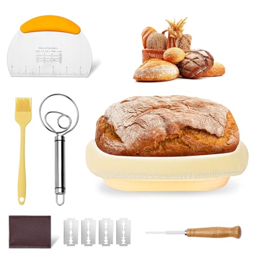 wokdsbl Brotbackset 6-Teiliges, Gärkorb Set Zusammenlegbare Silikonform Brotkörbchen(25cm oval) mit Bäckermesser, Leintüchern,Teigschaber, Bürste für Professionelle Hausbäcker, Brot Backen Zubehör von wokdsbl