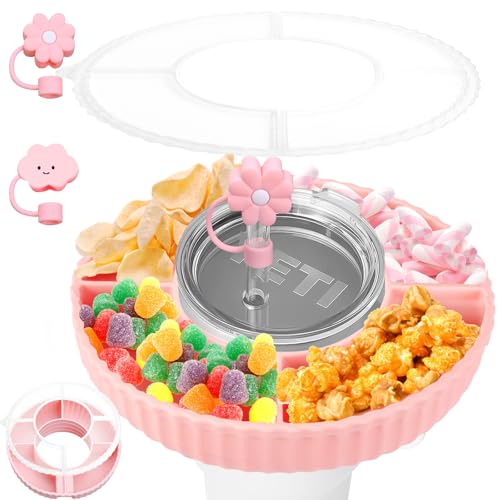 wokdsbl Snackteller mit Deckel für Stanley Cup 40oz, Silikon Snackteller Deckel und Strohhalm Abdeckung Accessories mit 4 Fächern für Süssigkeiten Candy Keks Nüsse für Kino Camping Auto Nüsse (Rosa) von wokdsbl