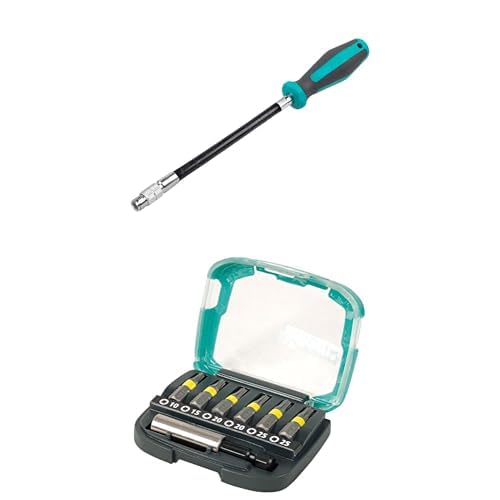 Bundle aus wolfcraft Handschraubendreher mit flexiblem Schaft I 1236000 I Für Arbeiten an schwer zugänglichen Stellen + wolfcraft Bit-Box TORX® (T 10-25), 7-tlg. I 2978000 I inkl. Bithalter von wolfcraft