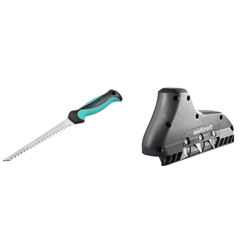 wolfcraft Hand-Stichsäge I 4033000 I Für Ausschnitte in Gipskarton & 3-fach Kantenhobel 4009000 – Trockenbau Hobel mit Dreifachklinge zum Anschrägen von Kanten bei Gipskarton von wolfcraft