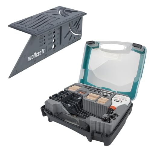 wolfcraft Projekt-Set „Dübelverbindungen“ - 8636000 - Komplettset für alle gängigen Holzdübelverbindungen - 3D Gehrungswinkel und Meisterdübler von wolfcraft