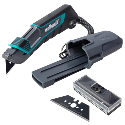 wolfcraft Trapezklingen-Messer-Set PRO SAFETY mit Köcher - 8669060 - Praktisches Set aus Sicherheitsmesser und extrascharfen Ersatzklingen - optimale Ergonomie für Links- und Rechtshänder von wolfcraft