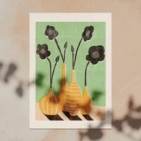 Frühlingsblumen in Vintage-Vasen Linolschnitt-Kunstdruck Verschiedenen Farbkombinationen von wolfgangwahadesign