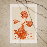 Sonnenblumen in Vintage-Vase Linolschnitt-Kunstdruck Verschiedenen Farbkombinationen von wolfgangwahadesign