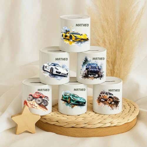 Personalisierte Spardose mit Namen – Auto Motiv für Kinder – Monstertruck, Rennauto & Geländewagen – Kinder Spardose Keramik – Geschenk zur Taufe & Geburt – Sparschwein Kinder – Taufgeschenk Junge von wolga-kreativ
