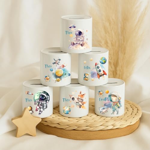Personalisierte Spardose mit Namen – Weltall Motiv für Kinder – Astronaut, Rakete & Planeten – Kinder Spardose Keramik – Geschenk zur Taufe & Geburt – Sparschwein Kinder – Taufgeschenk Junge von wolga-kreativ