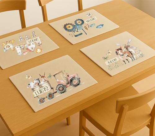 Platzdeckchen Kinder Bauernhof personalisiert – Tischset mit Traktor, Pferd, Tieren – abwaschbar oder waschbar – Platzset Stoff 30x45 cm – Tischunterlage Schule – mit Namen von wolga-kreativ