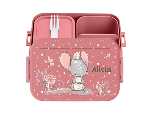 wolga-kreativ Personalisierte Brotbox rosa Mädchen mit Fächern und Maus Motiv - Bento Lunchbox mit Besteck und Unterteilung - Geschenk zur Einschulung, für Schule und Kindergarten von wolga-kreativ