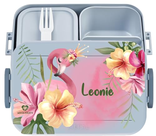 wolga-kreativ Personalisierte Kinder Bento Brotdose blau mit Fächern Flamingo Blumen für Mädchen mit Unterteilung für Schule und Kindergarten - Geschenk zur Einschulung von wolga-kreativ