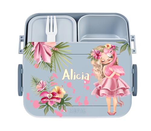 wolga-kreativ Personalisierte Kinder-Bento-Brotdose blau mit Tropical-Motiv und Fächern - mit Besteck und Unterteilung - Geschenk zur Einschulung, für Schule und Kindergarten von wolga-kreativ