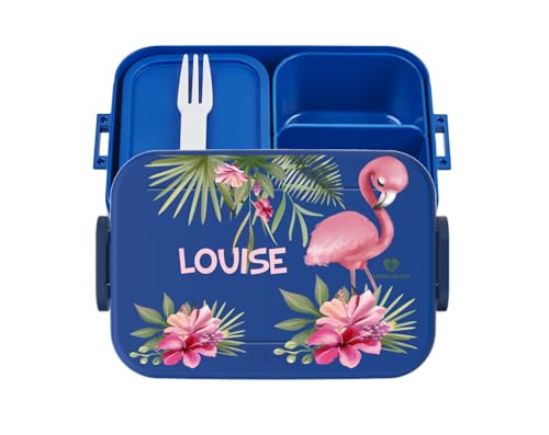 wolga-kreativ Personalisierte Kinder Brotdose blau mit Flamingo Motiv und Fächern, Bento Lunchbox mit Besteck für Schule und Kindergarten - Geschenk zur Einschulung, Schule und Kindergarten Kinder von wolga-kreativ