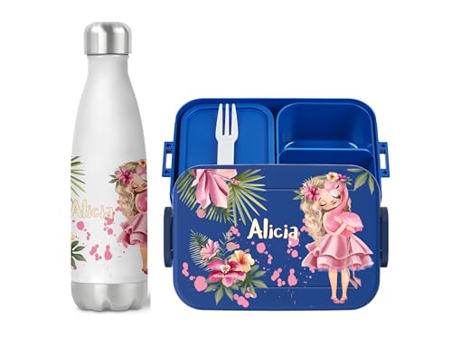 wolga-kreativ Personalisiertes Set Mepal Brotdose blau und Trinkflasche mit Flamingo Motiv für Mädchen - Bento Lunchbox mit Fächern und Unterteilung als Geschenk Schule und Kindergarten von wolga-kreativ
