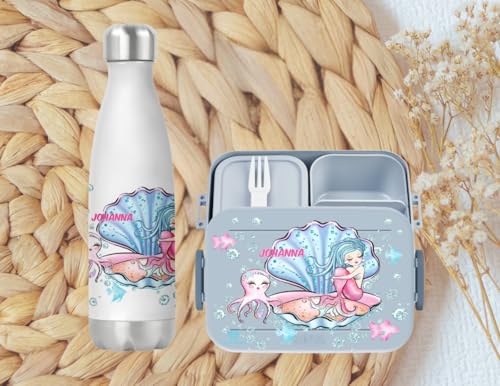 wolga-kreativ Personalisiertes Set Mepal Brotdose blau und Trinkflasche Meerjungfrau Muschel für Jungen und Mädchen - Bento Lunchbox mit Fächern und Unterteilung Geschenk Schule Kindergarten von wolga-kreativ