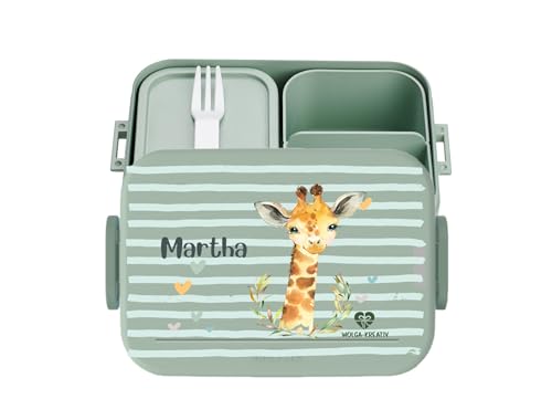 wolga-kreativ Personalisierte Kinder Brotdose türkis Giraffe Motiv und 3 Fächern, Auslaufsichere Bento Lunchbox für Schule und Kindergarten, inklusive Besteck -Geschenk zur Einschulung von wolga-kreativ